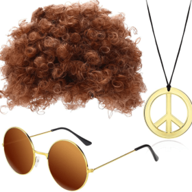 Hippie Costume Set Funky Afro Wig Sunglasses Necklace For 70s Theme Party