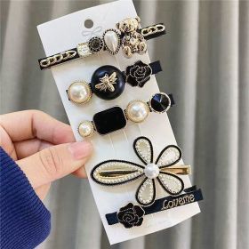 Retro 5-Piece Hair Clip Simple Pearl Side Clip for Women Girls Headband Hairpins Barrettes Ins Black Froral Hair Accessories (Color: A 5Pcs)