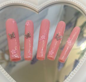 Pink Press on Nails Super Extra Long, False Nails with 3D Butterfly Art Decoration Fake Nails Manicure Kit Nail Art Tips Gift for Girls Wedding Party (Color: Small)